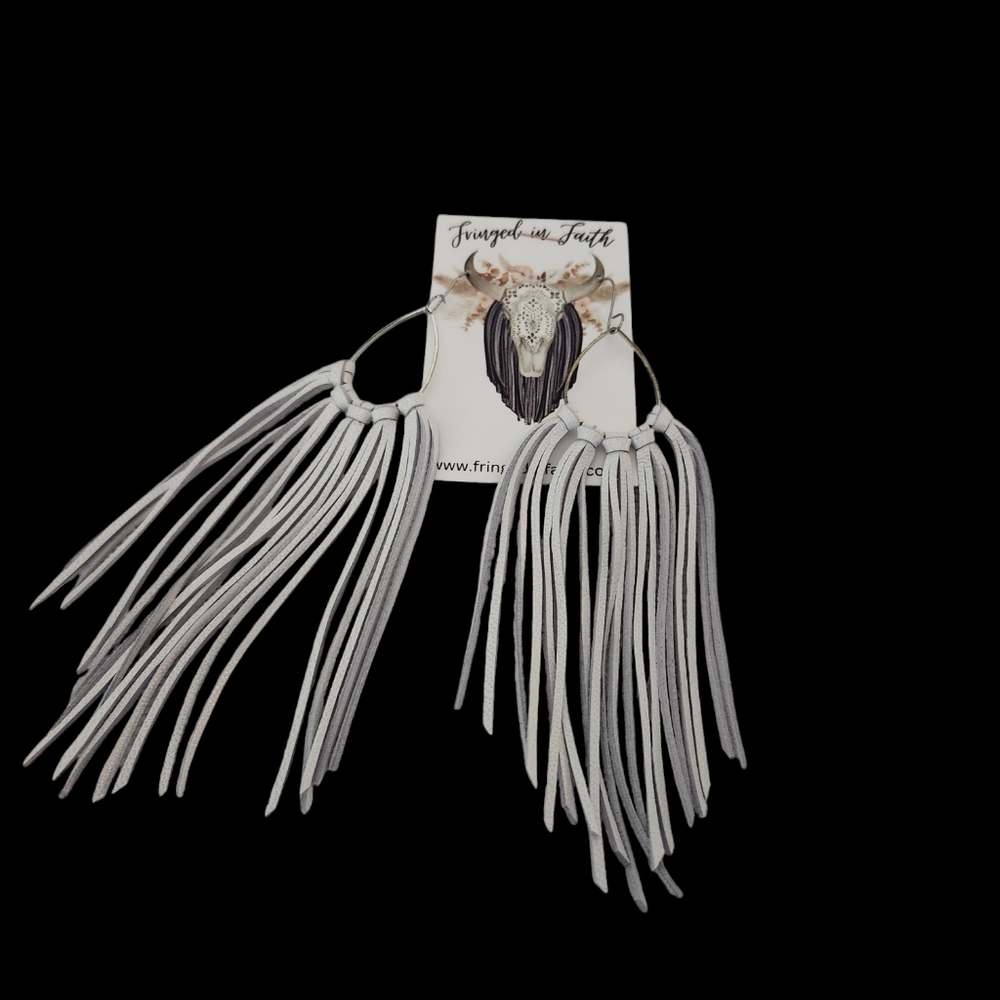Big Sky Fringe Hoops by Fringed in Faith - White Leather